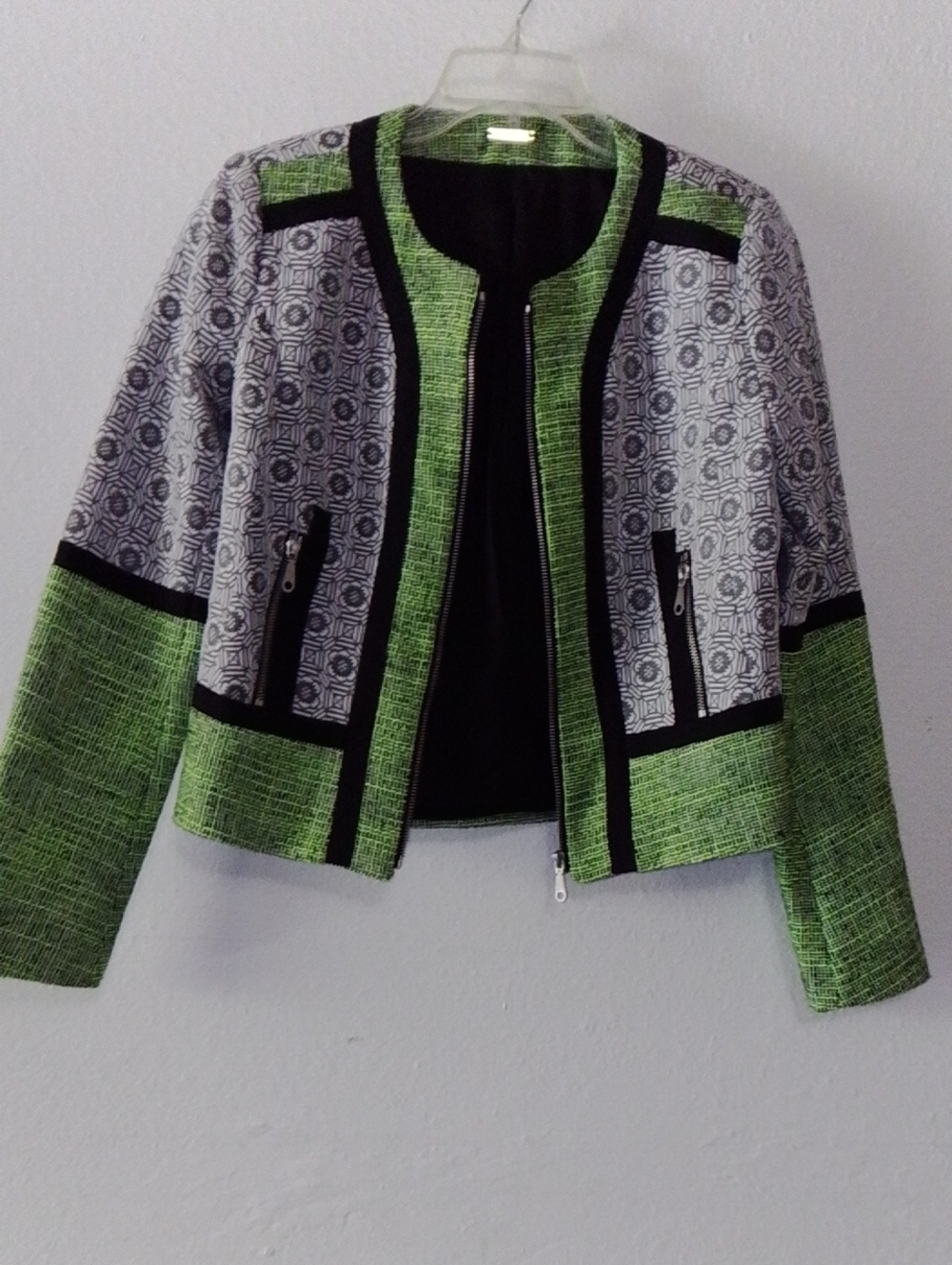 Rebecca Minkoff Green and Black Patterned Zip-Front Blazer